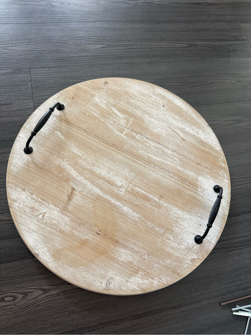 Hobby Lobby Natural Wood Round Serving Tray with Black Iron Handles